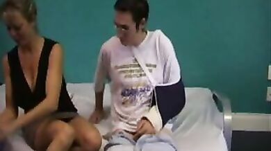 Busty milf gives lucky guy a handjob of his life