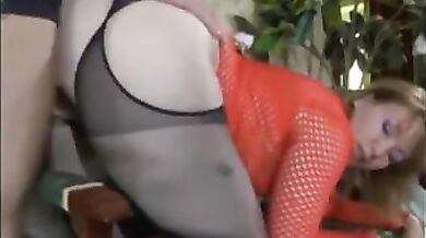 Crazy mature sucks an old guy in her red stockings