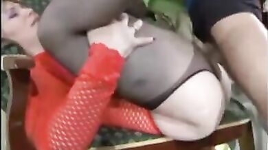 Crazy mature sucks an old guy in her red stockings