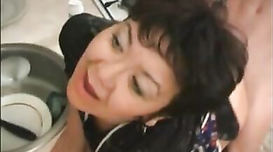 Brunette housewife milf wants blows and rides in her kitchen