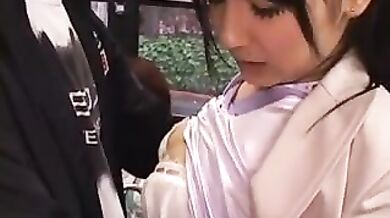 Kinky milf gets jizzed on her face in a bus