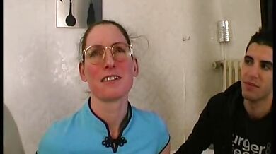 Fugly mature chick enjoys being slammed by two young dicks