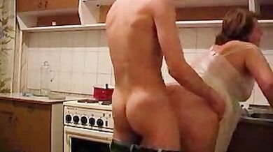 Kinky fat mature gal and young guy bang in kitchen