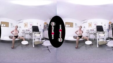 Mature blonde strips and masturbates in the doctor's office 3D