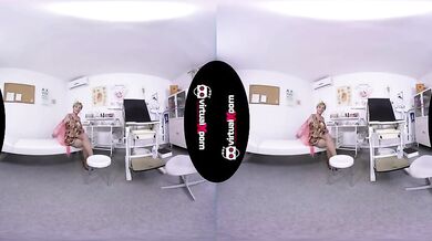 Mature blonde strips and masturbates in the doctor's office 3D