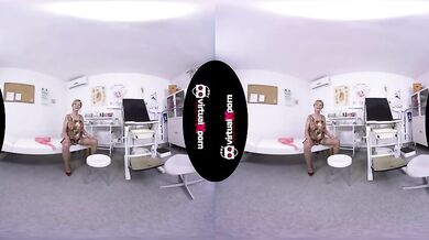 Mature blonde strips and masturbates in the doctor's office 3D