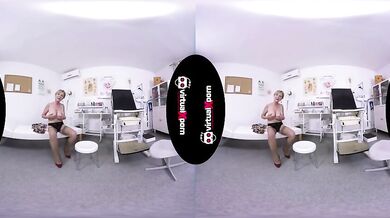 Mature blonde strips and masturbates in the doctor's office 3D