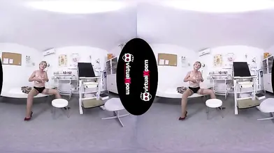 Mature blonde strips and masturbates in the doctor's office 3D