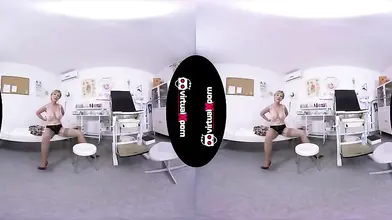 Mature blonde strips and masturbates in the doctor's office 3D