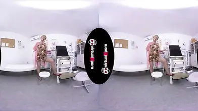 Mature blonde strips and masturbates in the doctor's office 3D