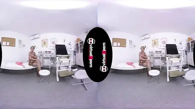 Mature blonde strips and masturbates in the doctor's office 3D