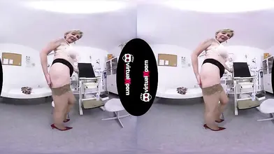 Mature blonde strips and masturbates in the doctor's office 3D