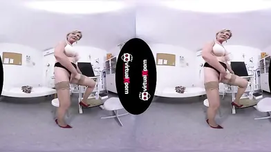 Mature blonde strips and masturbates in the doctor's office 3D