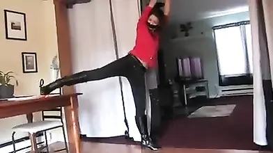 Slim Milf in high heeled leather boots enjoys self bondage