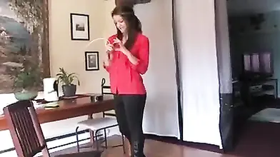 Slim Milf in high heeled leather boots enjoys self bondage