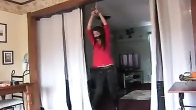 Slim Milf in high heeled leather boots enjoys self bondage