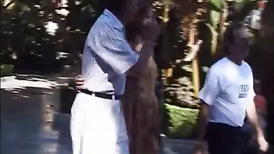 Mature redhead in floral dress is gangbanged outdoors and indoors