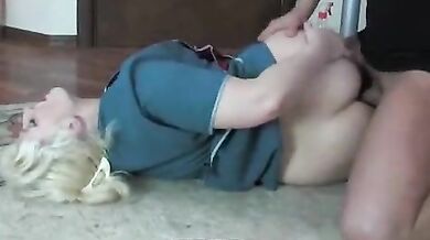 Clothed blonde mature maid fucks with her horny young boss