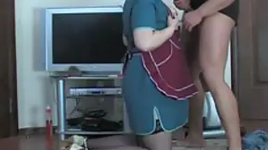 Clothed blonde mature maid fucks with her horny young boss