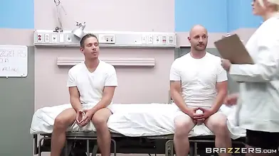 Sexy mature doctor enjoys sucking off her hung young patients
