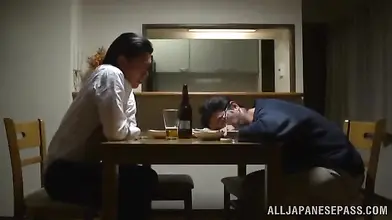 Japanese MILF swallows hairy tool while her cuck husband watches
