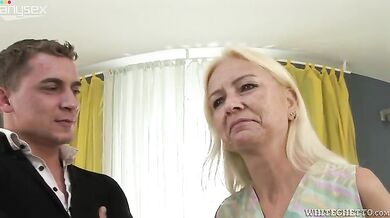 Skinny blonde Milf lets a teenager play with her body