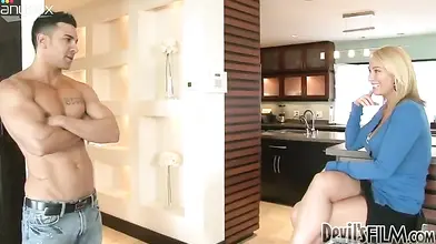 Muscular young studs plow blonde mature Sonny Hicks in kitchen