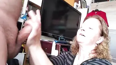 Mature Blonde Wife Gags on Husband's Dick