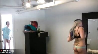 Inked MILF Strokes Teen's Hard Cock