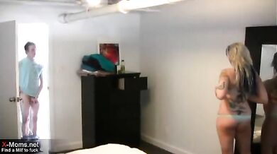 Inked MILF Strokes Teen's Hard Cock