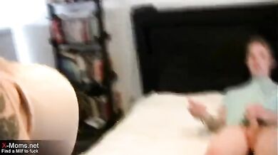 Inked MILF Strokes Teen's Hard Cock