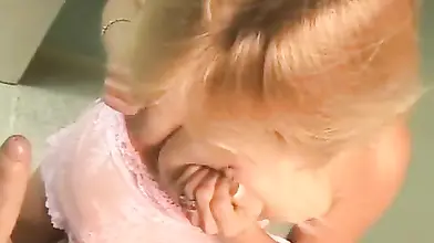 Handsome Blonde Milf Swallows in the Bathroom