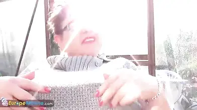 Chubby Mature Woman Plays Outside