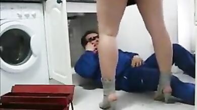 MILF Rides Plumber in Laundry Room