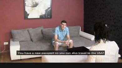 Stockinged Mature Agent Sits on Hung Model