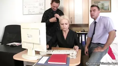 Mature Blonde Secretary in Stockings Office Threesome