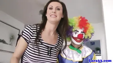 Clown Cheers Up Cougar's Shaved Twat