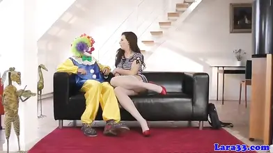Clown Cheers Up Cougar's Shaved Twat