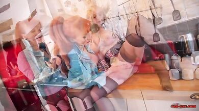 Classy Lesbian Milfs Share Dildo in Kitchen