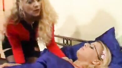 Stockinged Mom and Teen Share Double Dildo