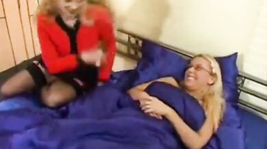 Stockinged Mom and Teen Share Double Dildo