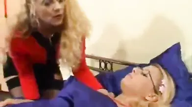 Stockinged Mom and Teen Share Double Dildo