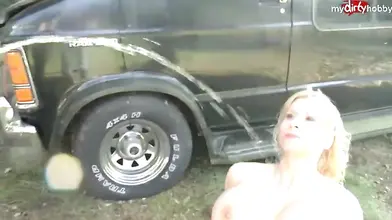 Busty Blonde Milf Melanie Moon Drinks Piss in Public