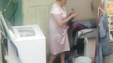 Curvy Mom Caught in Laundry Room