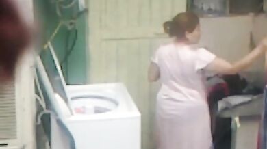 Curvy Mom Caught in Laundry Room