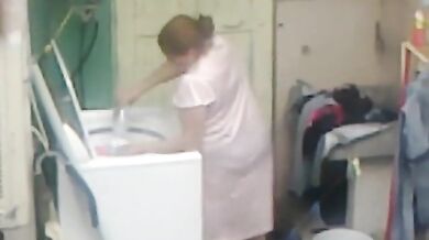 Curvy Mom Caught in Laundry Room