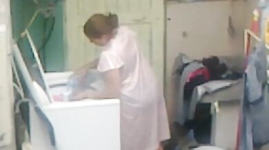 Curvy Mom Caught in Laundry Room
