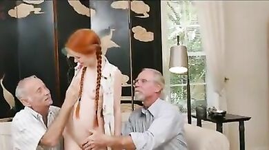 Redhead MILF Screwed by Two Old Dudes