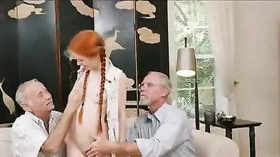 Redhead MILF Screwed by Two Old Dudes